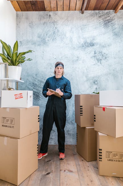 A person wearing a yellow t-shirt and blue jeans is standing indoors amid moving boxes, including open and closed cardboard cartons, some stacked in the background. They are holding a clipboard and wr